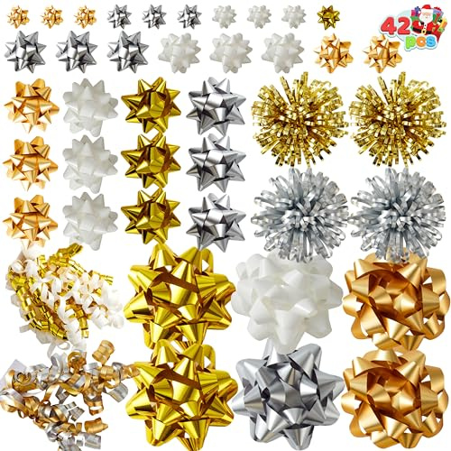 JOYIN 42 Geschenkschleifen-Sortiment für Weihnachten Gold Silber Weiß selbstklebenden Geschenkschleifen in verschiedenen Größen Schleifen zum Verpacken von Geschenken und Weihnachten