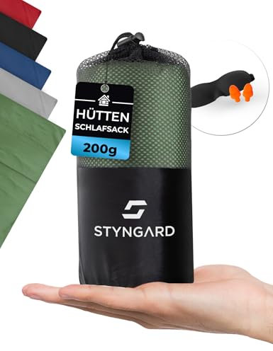 STYNGARD 2in1 Hüttenschlafsack Ultraleicht aus Mikrofaser [200g] - Ultraleichter Schlafsack kleines Packmaß - Dünner Schlafsack Inlett leicht & weich - Modell Hanoi (ohne Reißverschluss, Army Green)