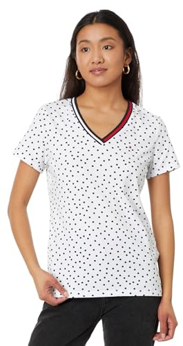 Tommy Hilfiger T-Shirt da Donna a Maniche Corte con Scollo a V e Bandiera, Bright White/Sky Captain, XS