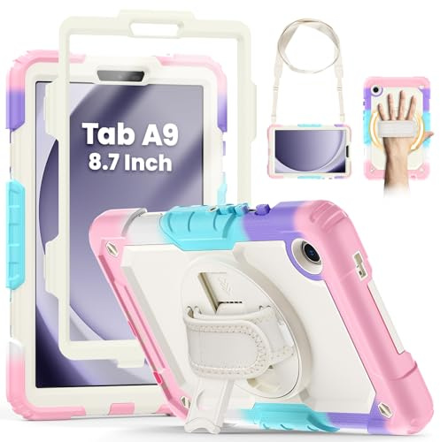 SEYMCY Kids Case for Samsung Galaxy Tab A9 8.7 inch 2023, Full Body Shockproof with Screen Protector, 360° Rotating Hand Strap & Stand, Shoulder Strap for Samsung A9 Tablet Case, Pink
