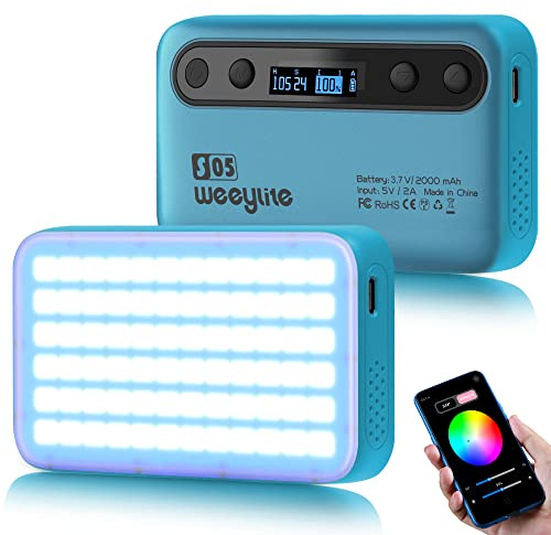 Weeylite S05 RGB LED-videolampa med appkontroll, minikameralampa med 2 000 mAh batteri 360° full färg/26 ljuseffekter/CRI 95+/2800–6800K LED-ljusplatta för fotografering och video (S05-blå)