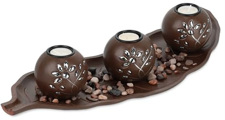 Relaxdays Teelichthalter Set mit Tablett & Steinen, 50,5 cm lang, Tischdeko Wohnzimmer, Esszimmer, Kerzenhalter, braun