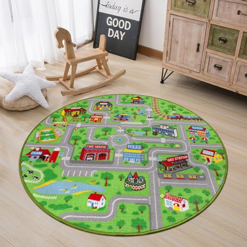 Capslpad Kinder Spielmatte ø120cm rutschfeste Kinderteppich Spielmatte für Spielzeugautos Waschbar Stadt Straßen Kinder Spielteppich Interaktives Auto Teppich für Kinde Spielzimmer Schlafzimmer Dekor