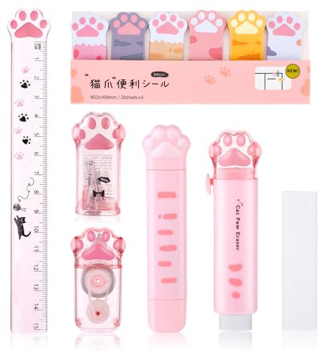TIESOME Söt katt tass brevpappersset, 7 st Kawaii tecknade skolmaterial inkluderar pennvässare infällbar radergummi korrigeringstejp klisterlappar linjal radergummi ersättningskärna för kattälskare