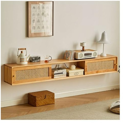 TV Lowboard Hängend Schwebender TV-Ständer aus Holz mit Schränken, Ausstellungsregalen und Schiebetüren, 47,2''/59''/70,8'' wandmontiertes Entertainment-Center, moderne Medienkonsole for unter dem Fer