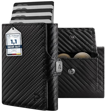 PURISTO KLIK Classic Slim Wallet mit Münzfach - Mini-Geldbörse für Herren aus Echtleder - Kleines Kartenetui mit RFID-Schutz für 10-14 Karten - Carbon