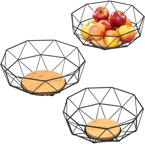 eluno Frutero colgante con 3 niveles, ahorro de espacio, cesta de cocina de metal negro y bambú para frutas, verduras, pan y aperitivos, diámetro aprox. 25/28/31 x 126 cm altura total
