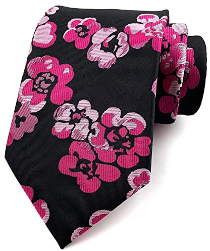 cheyenn Corbata de boda para hombre, diseño floral, jacquard, lujoso, moderno, diseño de flores, Negro fucsia rosa, Taille unique