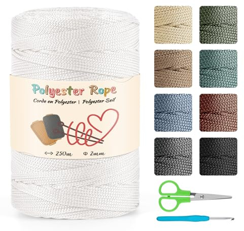 2mm 250m Polypropylen-Schnur Makramee Garn Set, 100% Polyester Cord Polypropylene Yarn, Makramee-Kordel für DIY Handwerk, Strickwaren-Weiß