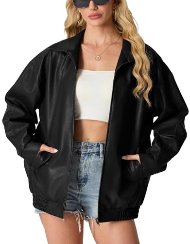 GRECERELLE Faux Leather Jacket Women with Zip Pockets Women's Jackets Long Sleeves Zip Up Motorcycle Jacket Bomber Jacket Womens Coat (Black,M)