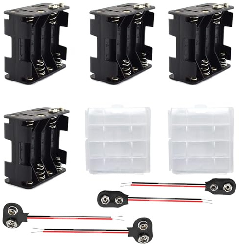 VISSQH 4 Pièces AA Support de Batterie,8 x 1.5V Support de Batterie 12V Battery Holder Box Case,AA Boîte à Piles en Plastique avec Clip de Batterie Type I et Type T(Double)
