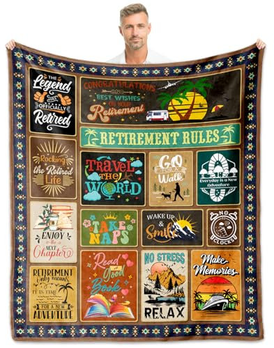 yomeeaaaa Manta de Jubilación para Hombres, Manta de Forro Polar Súper Suave, 60 x 50 Pulgadas, Regalos de Jubilación para Papá, Multiusos, Azul, Patchwork