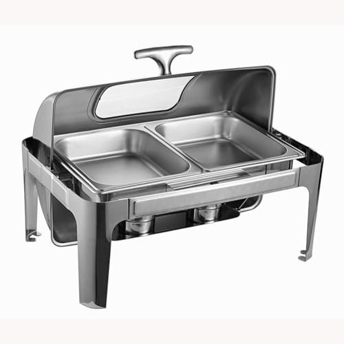 Rectangular Food Warmers Set, Stainless Steel Chafing Dish with Roll Top, 2 Half Sized Catering Trays, Water Pan and Fuel Holders for Wedding, Parties,9L