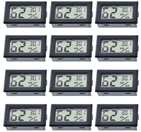 WIYETY Mini termometro igrometro interno: 12 pezzi termometro digitale quadrato con conversione ℃/℉, termometro per ambiente per soggiorno, ufficio, serra, studio, cantina del vino (nero)
