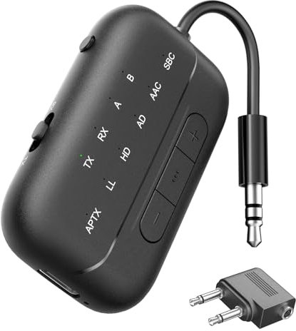 SONRU 2025 Newest Bluetooth 5.3 Transmitter & Receiver, Supports 2 Headphones Dual Connection, aptX-Low Latency Bluetooth Adapter, 3.5mm Aux Jack Audio Transmitter for TV/Plane/Travel/Gym/Car, Black