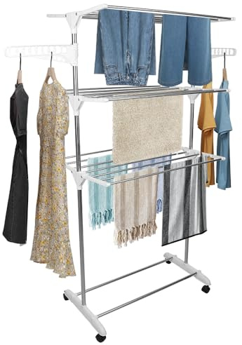 HUOLE Grande Capacité Ultra Stable Étendoir à Linge Séchoir à Linge Tour 3 Niveaux Ailes Pliables en Acier Inoxydable avec 4 Roues pour Usage Intérieur/Extérieur-75 * 44 * 158cm (Blanc)