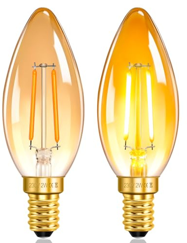 SCNNC C35 Ampoule LED Filament Bougie E14 Vintage Ambree 2W 2200K Blanc Chaud 230V, Équivalent 20W Non Dimmable, Ampoule Rétro E14 C35 Flamme pour Les Lustres, Lot de 2