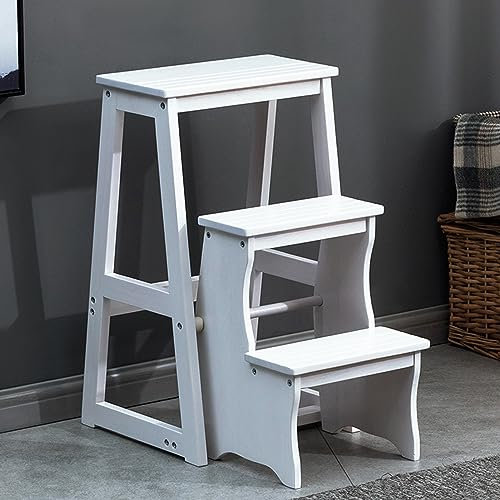 Escabeau pliable à 3 marches en bois massif, escabeau multifonction et étagère de rangement pour la maison et le bureau (blanc)