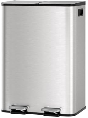 GarveeHome 2 x 8 gal Stainless Steel Double Trash Can with Lid for Kitchen, Large Dual Trash and Recycle Bin Combo, Step-on Kitchen Metal Garbage Cans, PP Inner Buckets, Liner Rim, Silver
