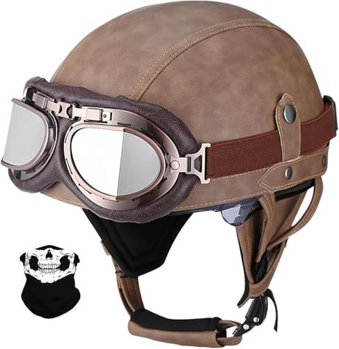STTTBD Caschi Moto retrò, Mezzo Casco in Pelle, Stile Tedesco, Scooter, Chopper, Protezione per Le Orecchie Rimovibile con Visiera, Casco per ciclomotore Certificato DOT/ECE F,S=55-56CM