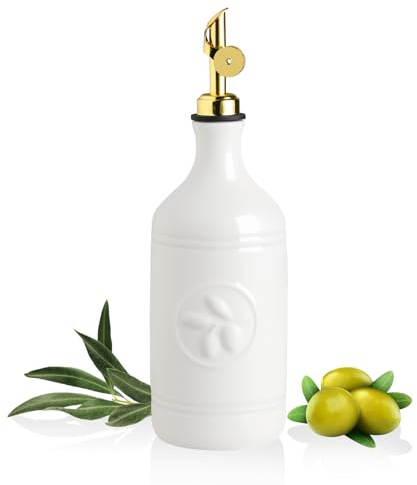 Sweejar Home 460ml Ceramic Olive Oil Dispenser Bottle, Oil Dispenser for Kitchen with Gravity Spout, Relief Opaque Vinegar Container for Evoo, Soy Sauce, 1 Pack(White, Gold Spout)