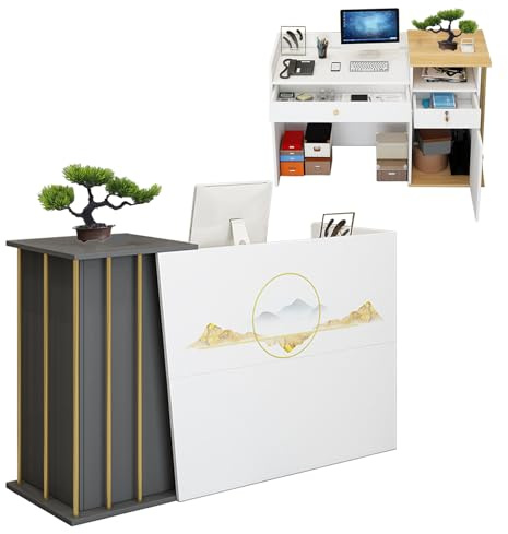 Bancone e Reception Angolare con Scrivania per Negozio, Hotel e Abbigliamento, Reception Grey 100cm con Due Cassetti e Gabinetto