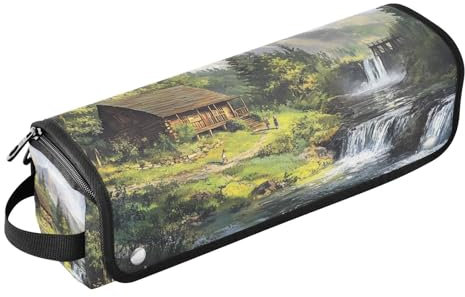 Hair Tool Travel Bag with Heat Resistant Mat Large Capacity Hair Tool Organizer for Curling Iron Straightener Flat Hair Dryer, Mountain Brook Retreat Rustic Cabin Waterfall Serenity