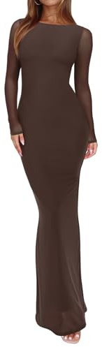 REORIA Women's Spring Mesh Sheer Long Sleeve Wedding Guest Dress Sexy Floral Bodycon Maxi Long Dresses Shaved Chocolate Medium