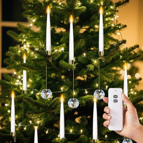 12 Candele per Albero di Natale, LED Kerzen Con Gancio a Sfera di Cristallo mit Fernbedienung Und Timerfunktion, Candele Tremolanti Alimentate a Batteria per Decorazioni Natalizie E Halloween