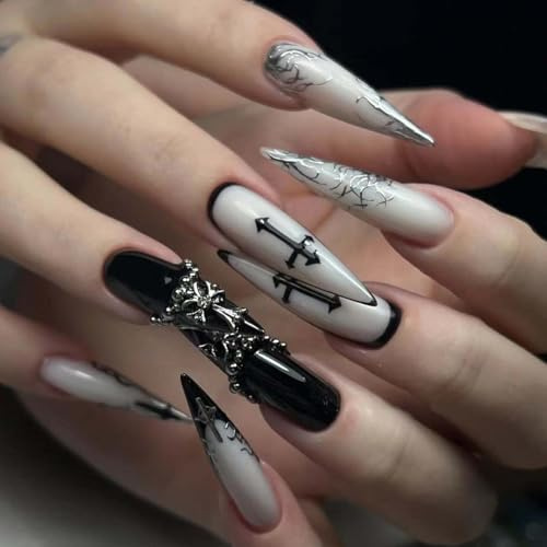 Clawrex Lange Stiletto Falsche Nägel, 24 Stück Goth Press on Nails Long, Schwarz Weiss Kreuz Nägel zum Aufkleben, Chrome Fake Nägel mit Nagelkleber, Artificial Fingernails für Zombie & Vampir Makeup