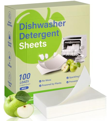 AOOWU Feuilles Lave Vaisselle, 100PCS Nettoyant Puissant pour Lave-Vaisselle, feuilles de Détergent pour Lave-Vaisselle Sans Plastique, Phosphates ni Chlore, Biodégradable, Efficaces Contre La Graisse