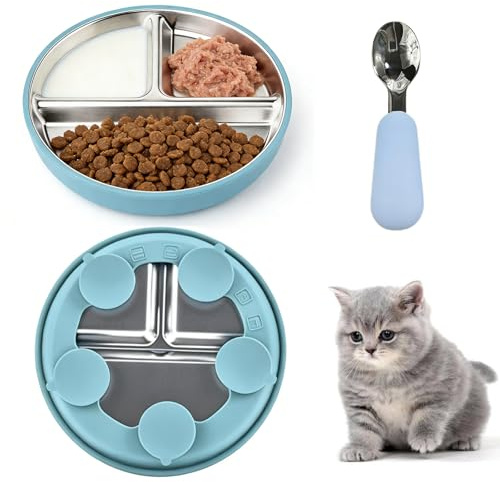 Katzennapf Flach, Futternäpfe aus Edelstahl mit Schaufel, Geteilte Teller mit Abnehmbarem Silikon Ärmel, Geeignet für Katzen, Kleine Hunde (Blau 1)
