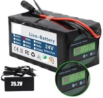 Batería De Litio Recargable De 24V Y 100Ah, Compatible Con Bicicleta Eléctrica, Bicicleta Eléctrica Con Indicador De Capacidad Y Cargador BMS +(90Ah Battery-Charger)