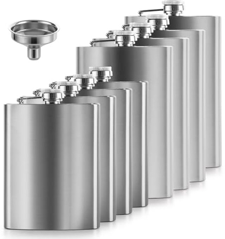 LDXDRU 8 Pack Hip Flasks for Liquor, 8oz and 10oz Silver Stainless Steel Hip Flask with Funnel, Leakproof Whiskey Flask Set for Men and Women, Portable Alcohol Flasks for Fishing, Hiking and Gifts