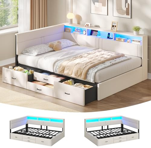 AOGLLATI Polsterbett Schlafsofa 140x200, Doppelbett mit LED-Beleuchtung & Ladestation, Betten 140x200 mit 4 Schubladen und Lattenrost aus Metall, Jugendbett Tagesbett, Leinen Beige (ohne Matratze)