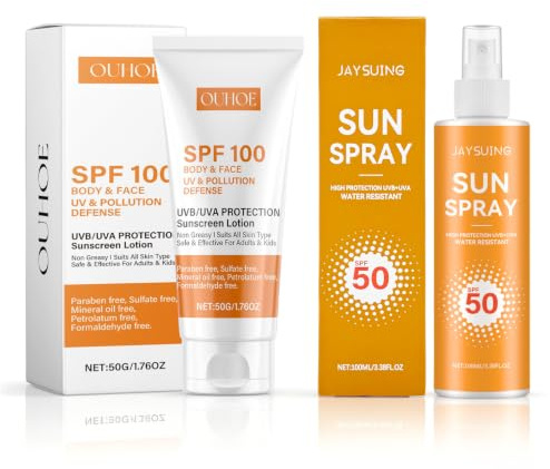 Crème Solaire SPF 100 50g + Lotion Solaire Spray 50 SPF 100 ml | Sunscreen SPF 100,Creme Solaire 100ml Voyage,Brume Solaire 50,Protection Solaire Visage et Corps,Tous Les Types de Peau
