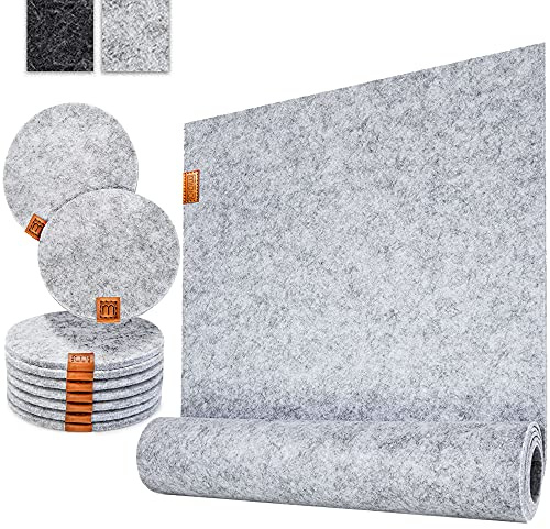 Miqio® Design Tischläufer inkl. Glasuntersetzer (10er Set) | B-Ware | Aus waschbarem Filz - hellgrau