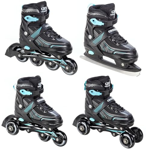 CROXER Optima 4in1 Inline Skates Pattini in linea Triskates Pattini a rotelle/da ghiaccio per bambini e adulti regolabili (Black/Mint, 35-38 (21cm-23cm))