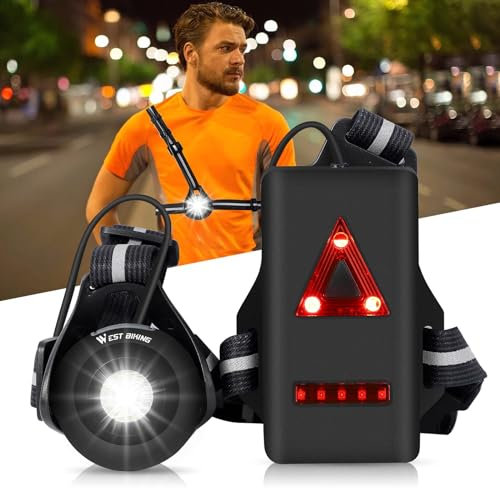 WESTGIRL Lauflicht, Brustlampe mit verstellbarem Strahl 500 Lumen, USB wiederaufladbare wasserdichte vordere Lampe und hintere Warnblinkende LEDs