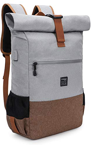 EverVanz Laptop-Rucksack, Damen & Herren Roll Top Wasserdichter Wanderrucksack, Leichtgewichtiger Freizeit-Rucksack, Stilvolle Schultasche mit USB-Ladebuchse, L