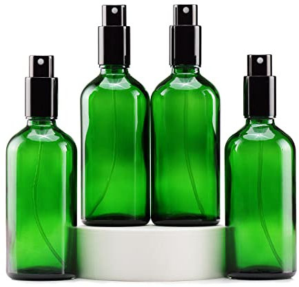 YIZHAO Flacon Spray Vide 100ml, Vert Bouteille Spray Verre, avec Brouillard de Pulverisateur Fine, pour Huiles Essentielles, Aromathérapie, Parfums, Nettoyage, Voyage, Pharmacie – 4Pcs