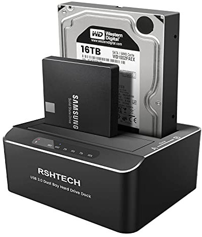 RSHTECH Dualschacht Festplatten Docking Station, USB 3.0 Aluminium Festplatten Dockingstation Offline-Klonen für 2,5 & 3,5 Zoll SATA HDD SSD, unterstützt 2 x 16TB Laufwerke, Werkzeuglose (RSH-DS01)