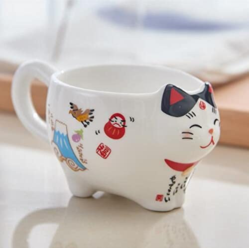 DAERG Süße japanische Glückskatze Porzellan Teeservice Kreative Maneki Neko Keramik Teetasse Kanne mit Sieb Schöne Plutus Katze Teekanne Tasse-schwarz