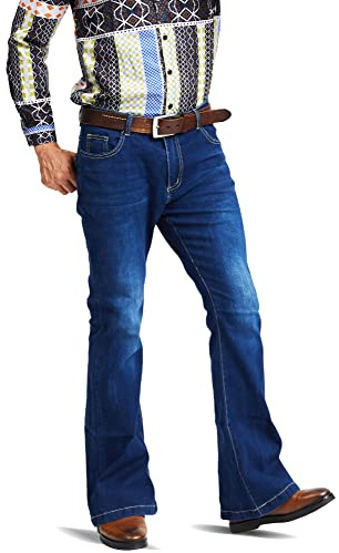 Jeans da uomo anni '70 con fondo a campana, da uomo, pantaloni a campana da discoteca, jeans svasati, Blu 2, 33 W