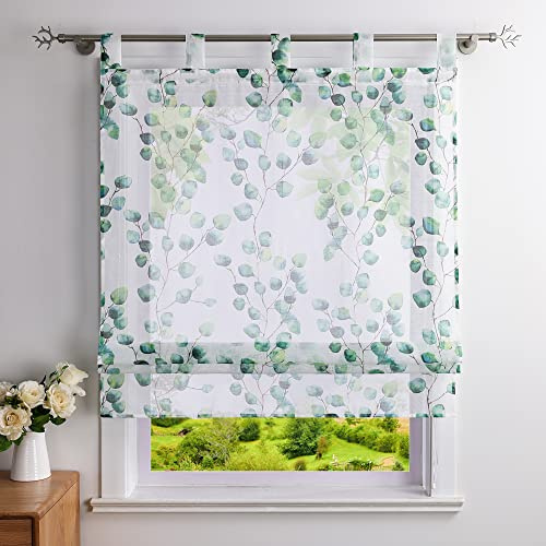 Heichkell Leinen-Optik Raffrollo Halbtransparent Gardine Vorhang mit Blätter Druck Raffgardine mit Schlaufen Grün BxH 140x140cm
