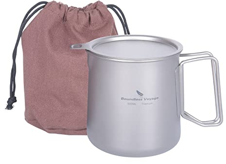 Boundless Voyage Théière en titane 500 ml avec couvercle et filtre pour camping en plein air, tasse à café ultralégère avec poignées pliables
