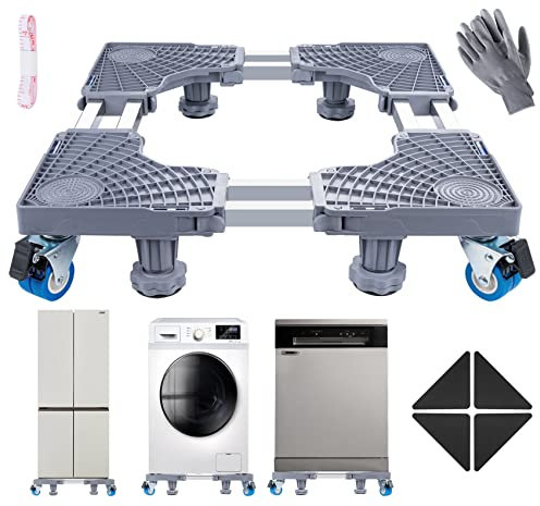 ilauke Waschmaschine Sockel Untergestell mit 4 feststellbaren Rollen und Maßband+Handschuhe+Anleitung Verstellbare Sockel für Waschwaschine,Kühlschrank und Trockner （45-68CM）