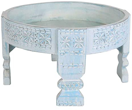 Casa Moro Sidobord Zaman BLAU Ø 55 cm rund, Chakkibord av massivt trä, snidat shabby chic kvarndekor, vitkalkat kvarn-bord CAC30BL