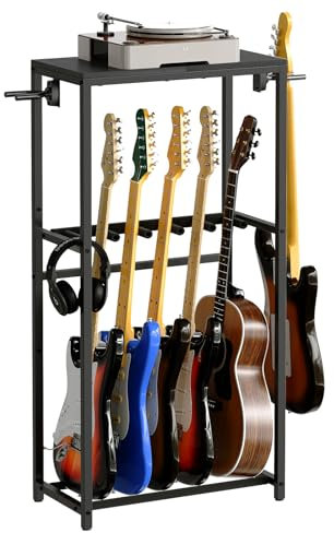 MAHANCRIS Gitarrenständer, 2-Stöckiger Gitarrenständer für Akustikgitarre, E-Gitarre, Bass, Ukulele, Banjo, Plattenspielerständer, mit Gitarrenzubehörständer, EVA-Schutzfolie, Schwarz AGSHB6501