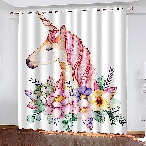 Vorhang Kinderzimmer Rosa Blumen-Einhorn Kinder Vorhänge Mit Ösen Polyester Gardinen Thermovorhang Blickdicht Ösenschal Kindergardinen Für Wohnzimme